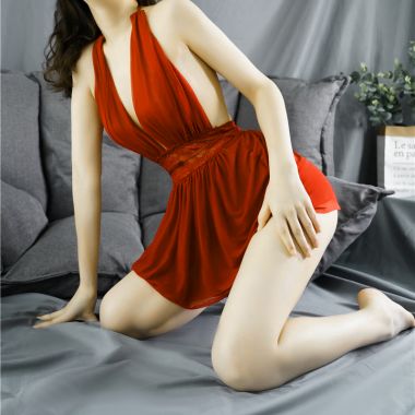 （情趣内衣）羞羞宝贝深V性感挂脖睡裙(红）