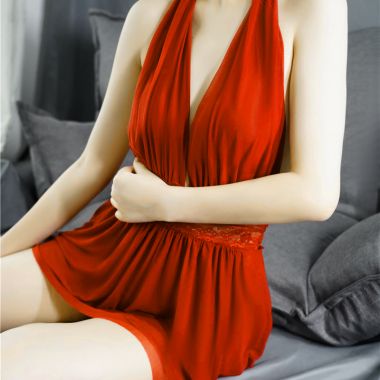 （情趣内衣）羞羞宝贝深V性感挂脖睡裙(红）